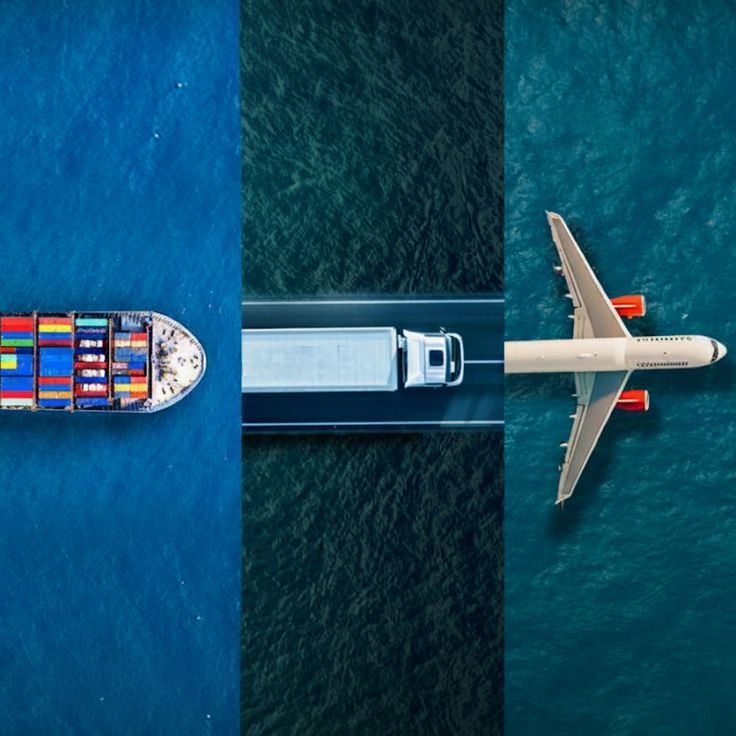 Aerial view of a cargo ship, truck and aeroplane representing global trade