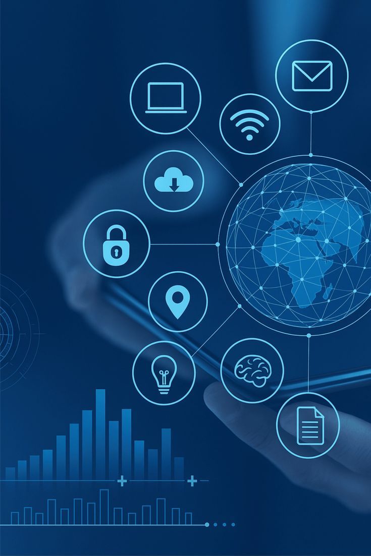 Digital icons for cloud, security, data and connectivity around a globe